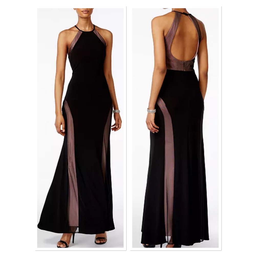Nightway Womens Black Mesh Panel Halter Neck Open Back‎ Formal Maxi Gown Size 4